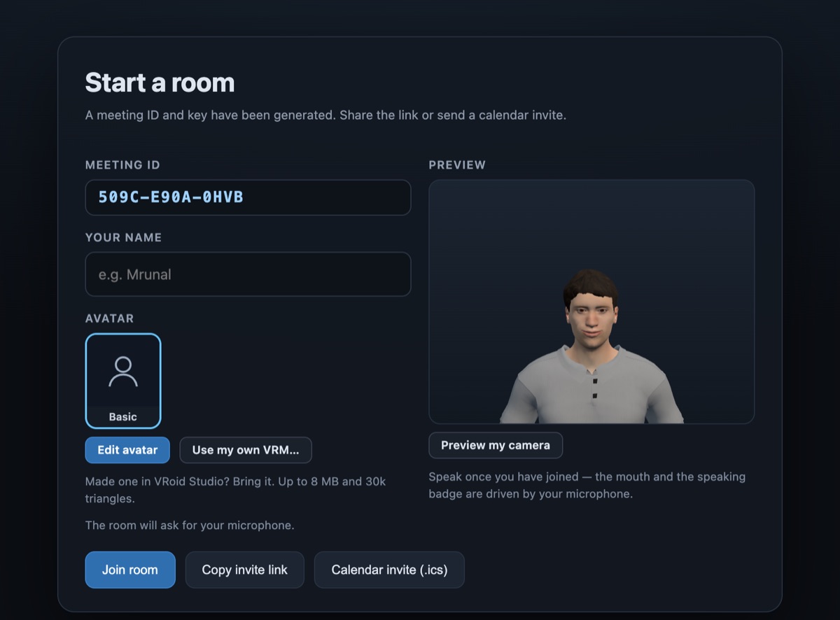 The lobby: meeting ID, your name, an avatar picker and a live 3D preview of your avatar
