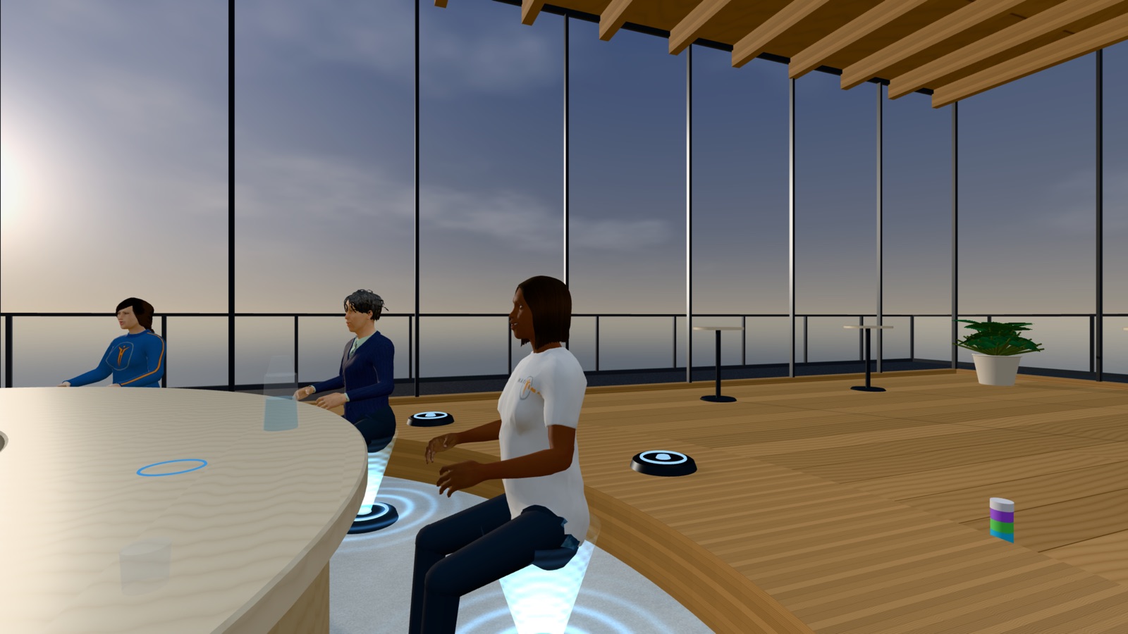 A row of avatars along the table, a plant and the balcony railing behind them
