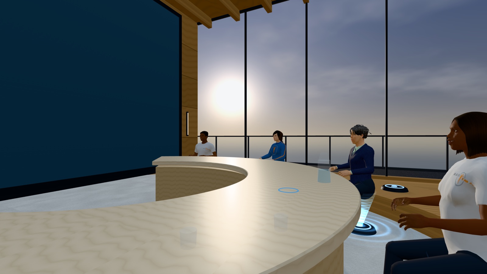 Colleagues as avatars seated around a curved meeting table in a glass-walled office, with a sunset through the windows